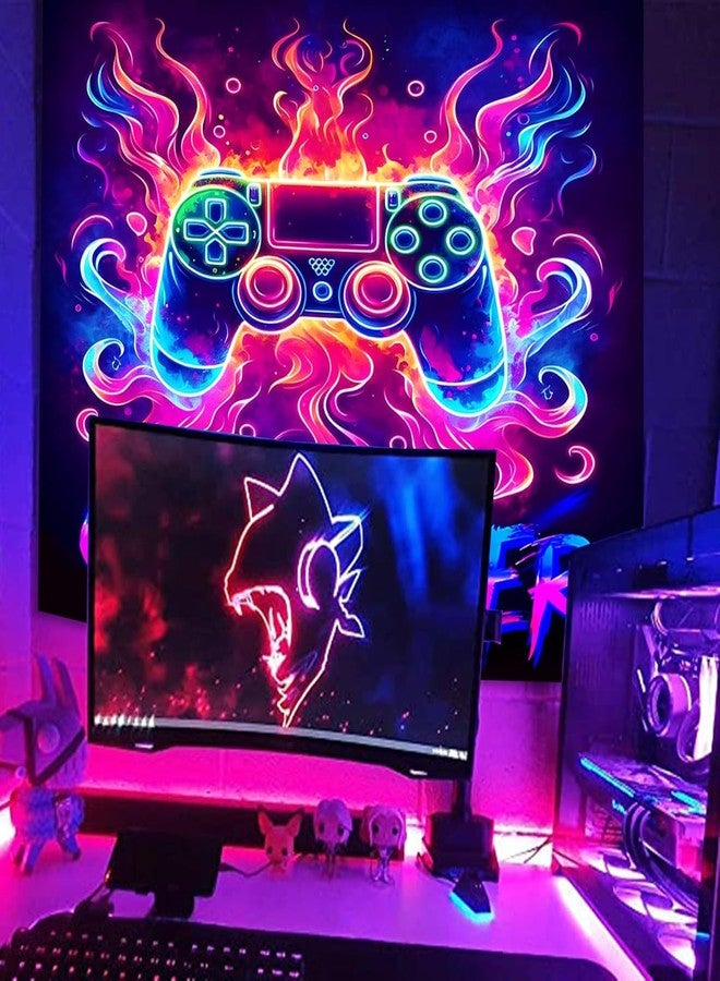 Manicer Blacklight Gaming Tapestry, Cool Neon Game Controller Wall Hanging for Boys Teens, UV Reactive GAME OVER Abstract Art 3D Gaming Poster Tapestries for Bedroom, Play Room - 29.5" x 39.4" - Image 3